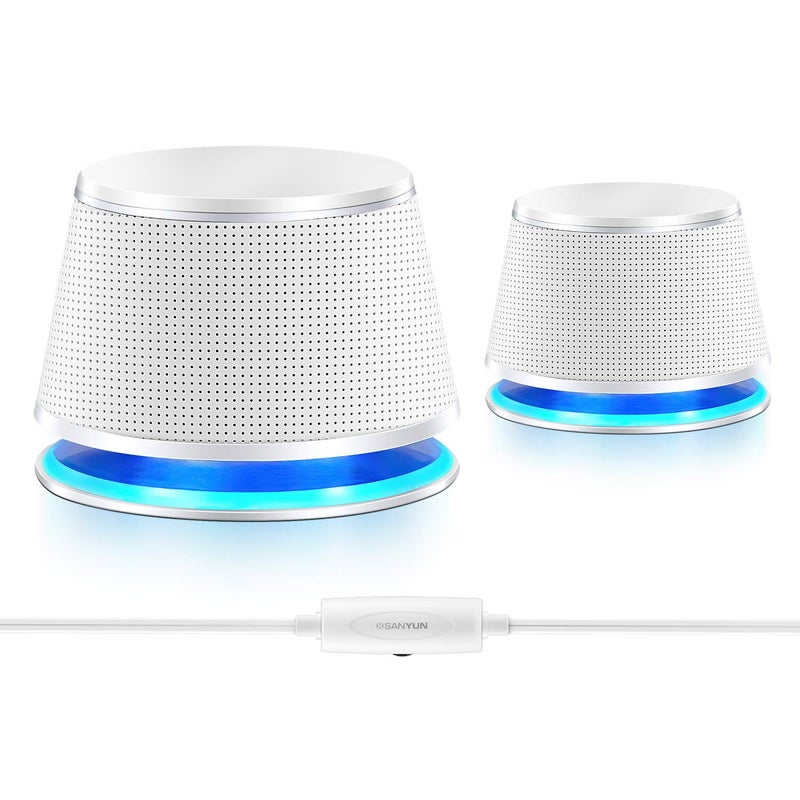 Sanyun SW102 Computer Speakers, 5Wx2, Deep Bass in Small Body, Stereo 2.0 USB Powered 3.5mm Aux Multimedia Speakers, Built-in Bottom Bass Radiators, PC Laptop Desktop Speakers, White - Image 1